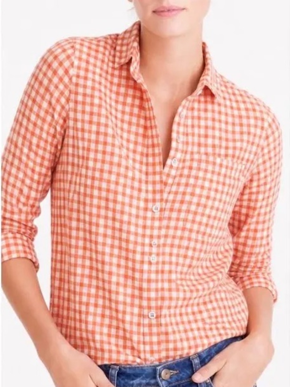 J. Crew Orange Gingham Perfect Shirt